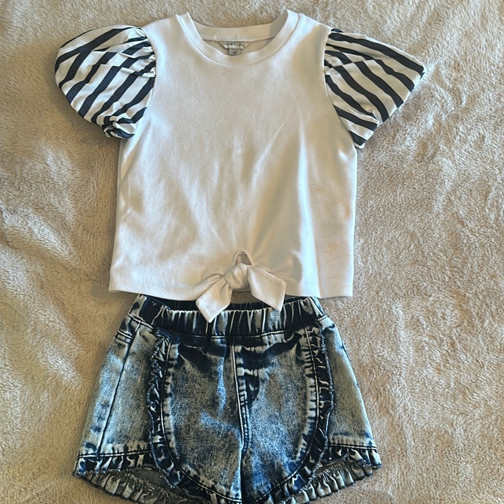 Blouse and denim shorts set, worn once but has some stains from use